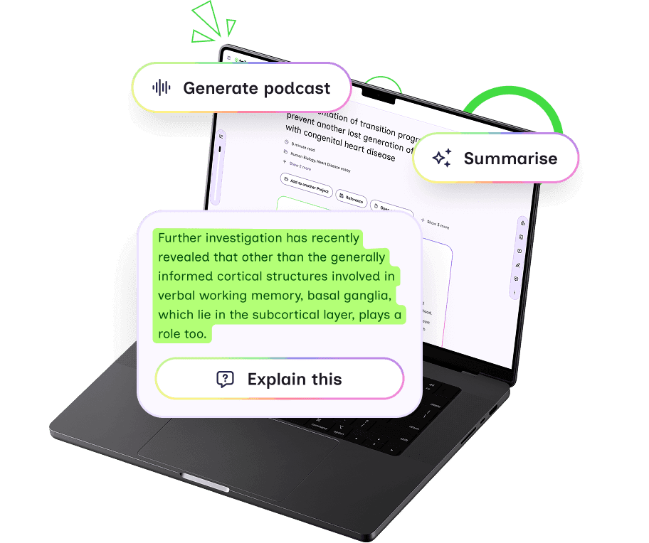 Illustration of a laptop displaying highlighted text with floating UI options like 'Summarise,' 'Explain this,' and 'Generate podcast'.